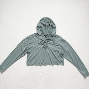 Express Teal Cropped Oversized Hoodie XS Lace Up Lightweight Stretch